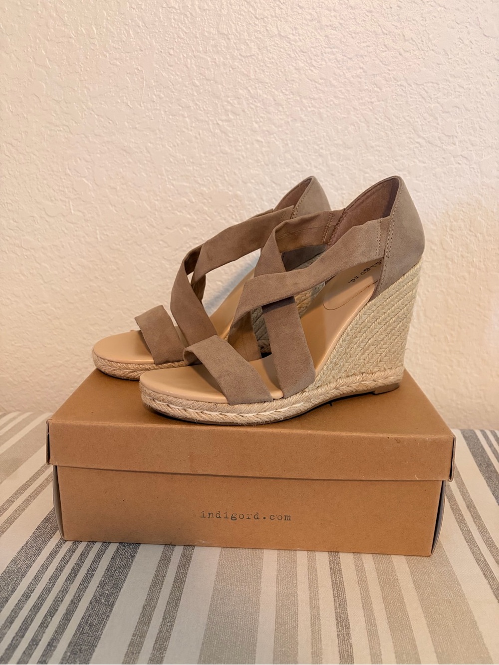 Indigo Taupe Suede Crisscross Espadrille Wedge Sandals